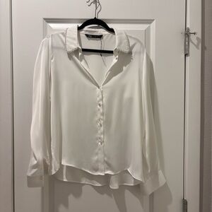 Zara Pearl-Trimmed White Button-Down Shirt